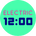 Large mint green circle with pink Electric text and navy blue 12:00 numbers